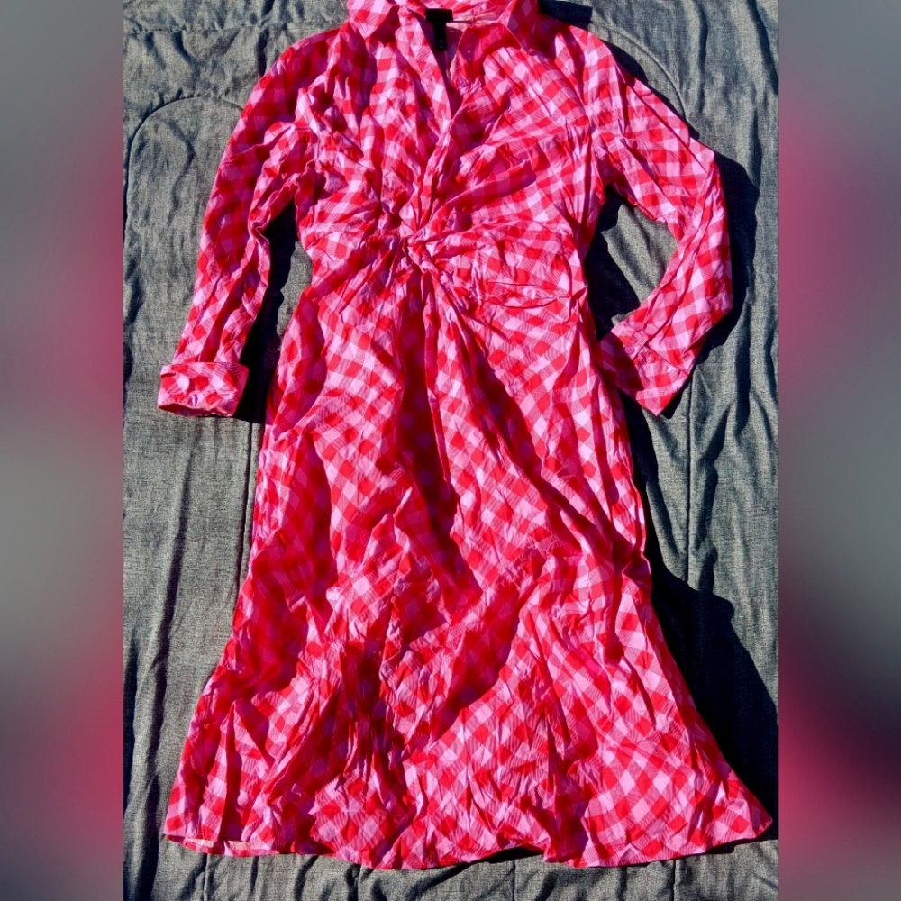 SCOOP busty pink+red Checkered longsleeve dress, size 16/18
